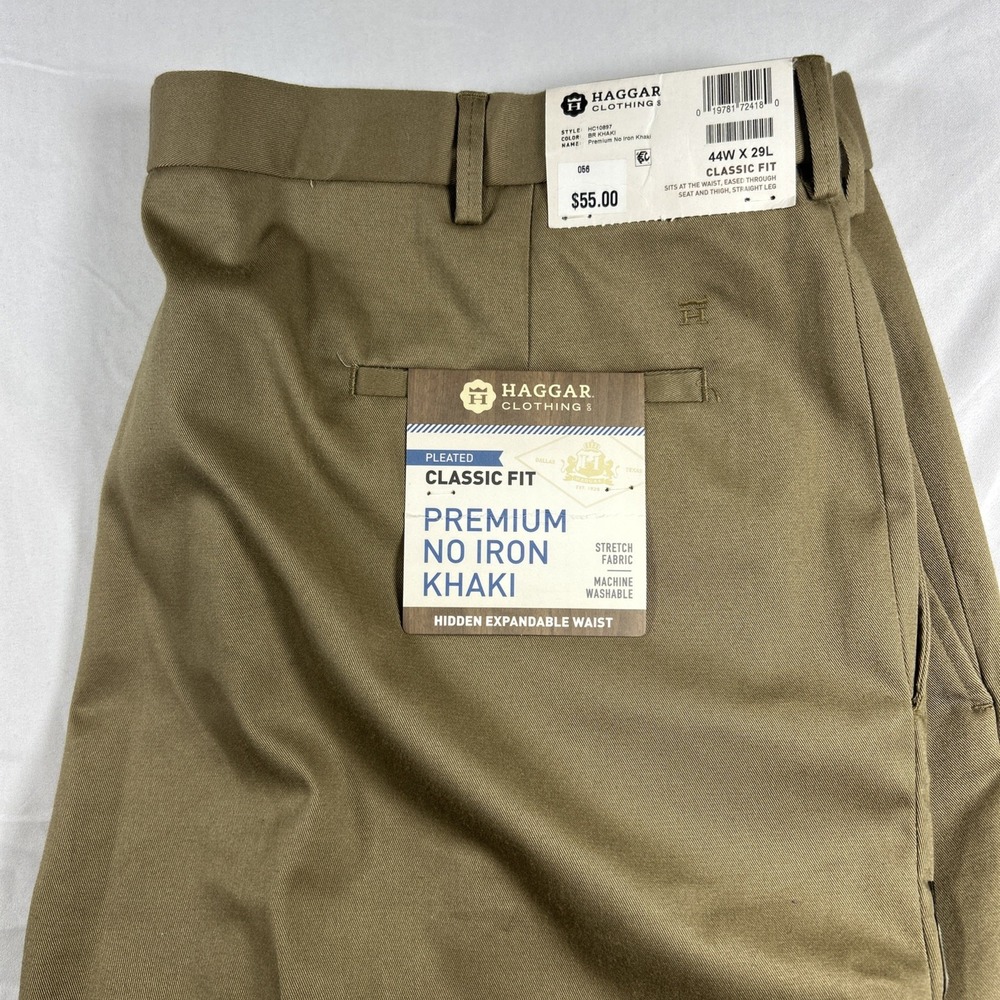 Haggar Khaki Pants Mens 44x29 Brown Premium No Iron Classic Fit HC10884 NEW